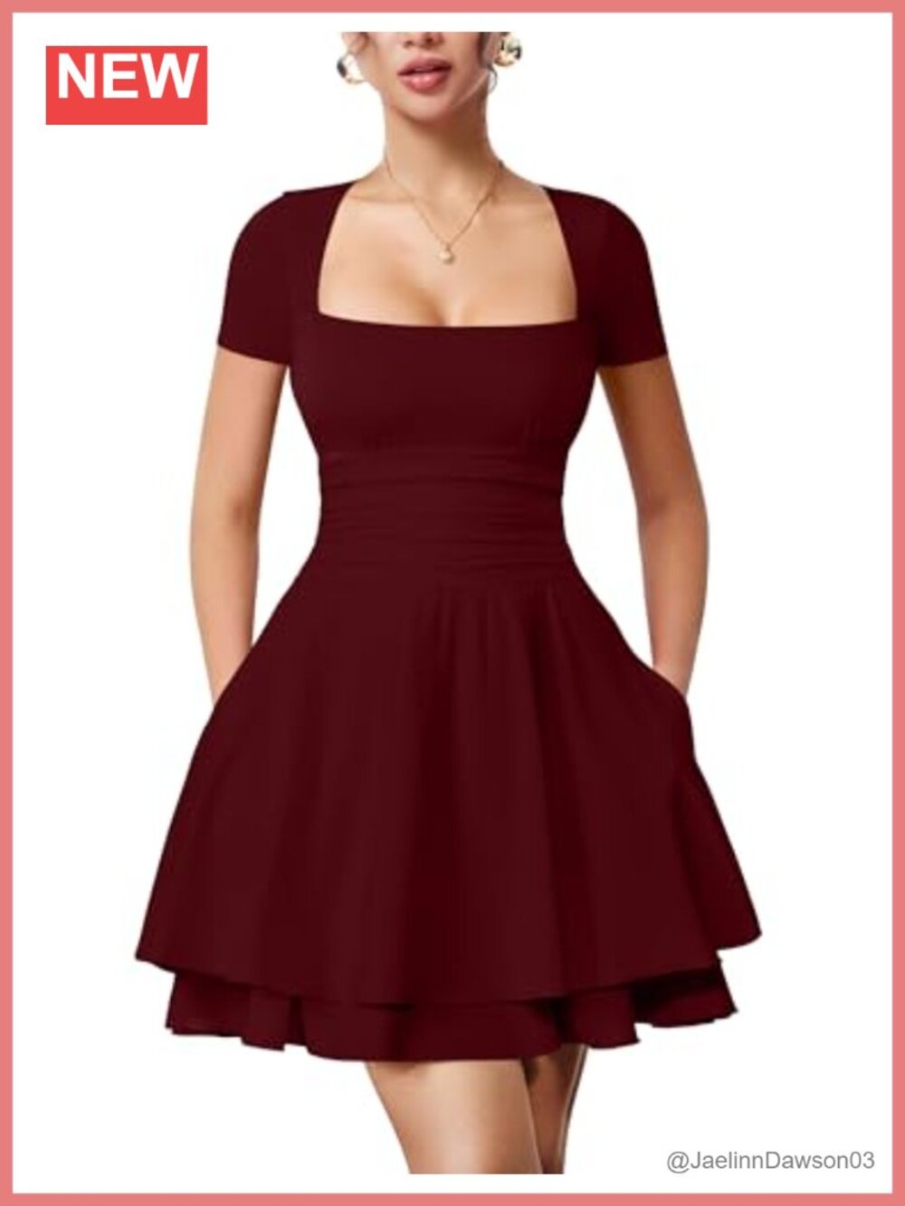 Square Neck Short Sleeve Mini Dress with Pockets A-Line Party Casual